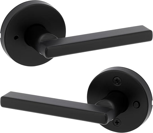 Kwikset Halifax Interior Privacy Door Handle with Lock, Round Lever for Bathroom and Bedroom, Matte Black Reversible Keyless Push Button Lock Door Lever, with Microban Protection