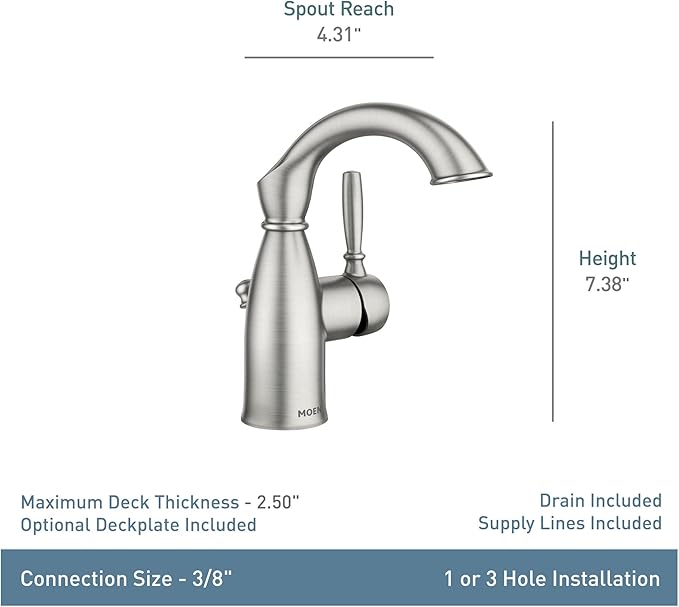 Moen Sarona Spot Resist Brushed Nickel One-Handle Single Hole Rustic Farmhouse Bathroom Sink Faucet with Optional Deckplate, 84144SRN