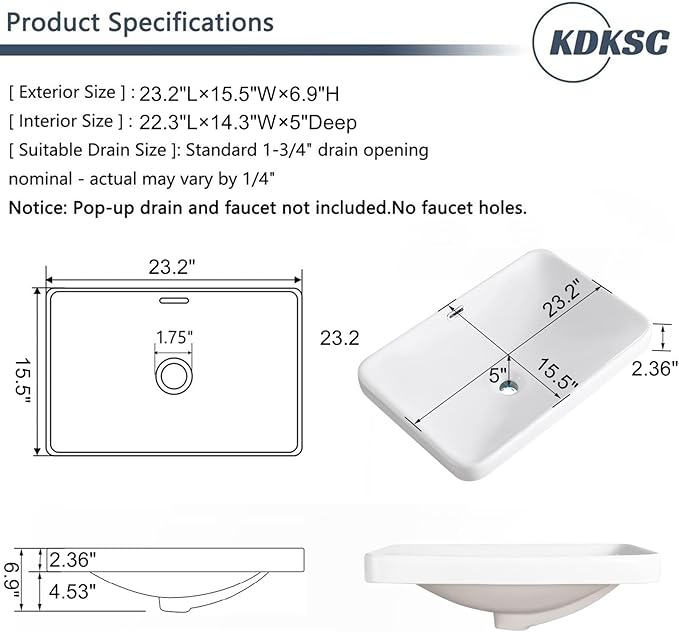 Bathroom Vessel Sink 23.2" X 15.5" Semi Recessed Bathroom Sink Rectangular Drop In Bathroom Sinks with Overflow White Ceramic Vessel Sinks for Bathroom Modern Above Counter Basin Vanity Sink