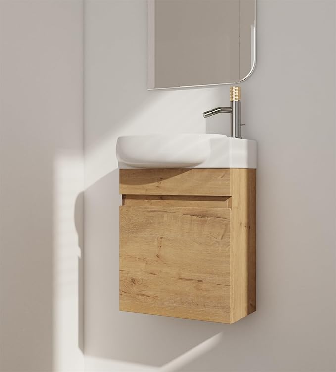 16 Inch Wall Mount Vanity w/Sink Combo for Small Space, Round Single Ceramic Sink Modern Bathroom Vanity Cabinet