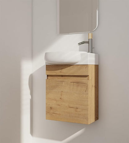 16 Inch Wall Mount Vanity w/Sink Combo for Small Space, Round Single Ceramic Sink Modern Bathroom Vanity Cabinet