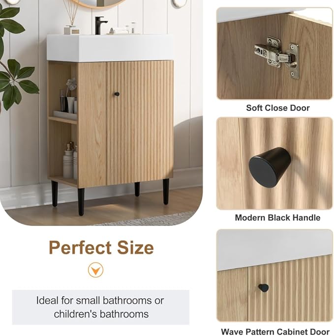 22" Small Bathroom Vanity with Sink, Morden Bathroom Vanities with Soft-Close Door and Open Shelf, Freestanding Narrow Vanity for Compact Space-Saving Bathrooms (Wood,22" Freestanding Left Shelf)
