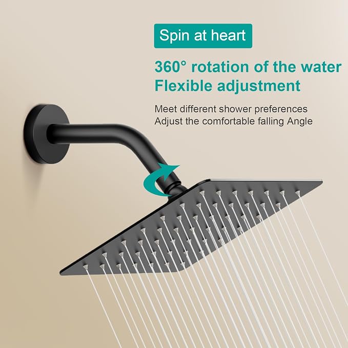 Square Rain Shower Head, High Flow Stainless Steel,Work with any decorative style，All Metal Rainfall Shower Head(Matte Black, 6)