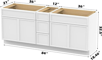 HomeBeyond 84 Inches Bathroom Vanity Base Cabinet Without Sink, Double Sink Top Sturdy Floor Mounted Cabinet with Door & Soft Closing Drawers, White, VA4136-2+VA4112-3