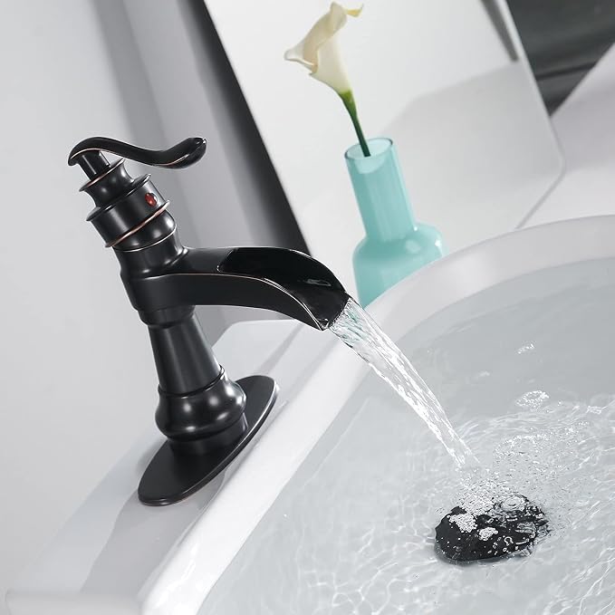 Single-Handle Bathroom Faucet Oil Rubbed Bronze Deck Mounted | Wide Waterfall Spout,Pop Up Drain and Supply Lines Included, Ideal forBathroom Sink 1-3 Hole, Fingerprint Repellent Coating
