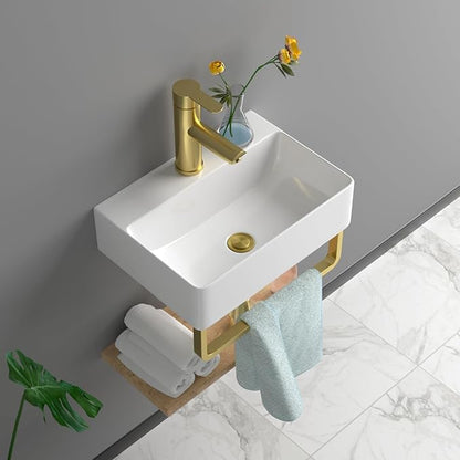 Floating Bathroom Sink Wall Mounted - 14"x10" Rectangular Vessel Sink With Gold Faucet & Drain Combo Small Modern White Ceramic Porcelain Vessel Vanity Sinks