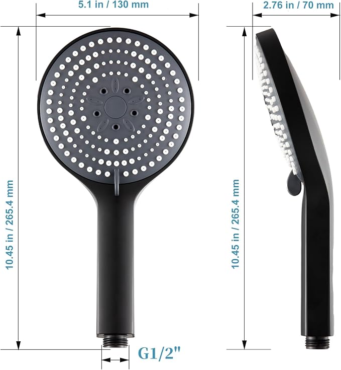 OFFO Matte Black Handheld Shower Head, 6-Mode High Pressure, 5" Large Face, Chrome Plated Finish, Includes Shower Head, Washers, Water Saving Gasket