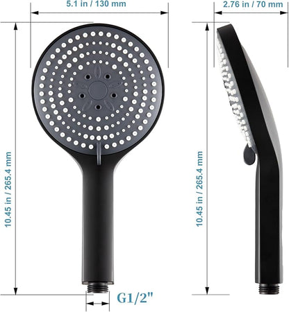 OFFO Matte Black Handheld Shower Head, 6-Mode High Pressure, 5" Large Face, Chrome Plated Finish, Includes Shower Head, Washers, Water Saving Gasket