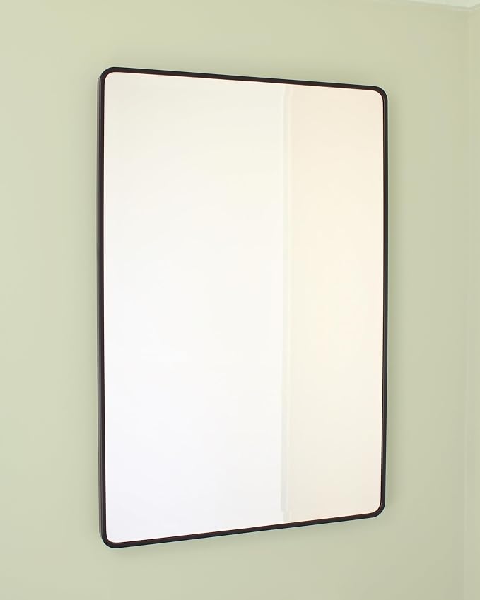 20x30 Austin Farmhouse Metal Framed Rounded Rectangle Recessed Bathroom Medicine Cabinet, Beveled Mirror, 18x28 in-Wall Opening, powder-coated Steel, Adjustable Glass Shelves, Magnet Close, Black