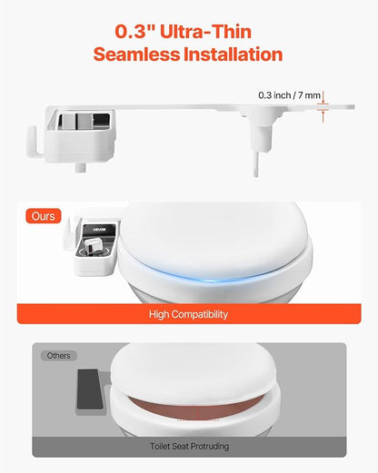 VEVOR Bidet Attachment for Toilet, 0.3" Ultra Thin Bidet Toilet Seat Attachment - Dual Retractable Nozzles, Adjustable Water Pressure, Non-Electric Cold Water Sprayer for Front Rear Water Wash, White