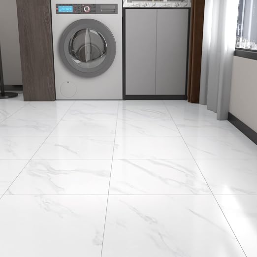 White Marble Peel and Stick Bathroom Floor Tile Self Adhesive Vinyl Tiles Peel and Stick Floor Waterproof Vinyl Flooring for Kitchen Bedroom Living Room Garage Camper RV 10 Pcs 12 x 12 inch