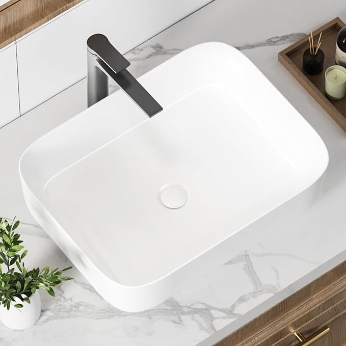 20" Rectangular Ceramic Vessel Sink, White Bathroom Vanity Sink Countertop | KINGWONG Modern No Overflow Wash Basin for Powder Room Guest Bath, Easy Clean Round Corners Above Counter Sink