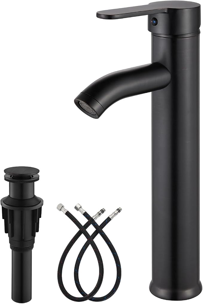 gotonovo Modern Vessel Sink Faucet with ABS Pop Up Drain, Oil Rubbed Bronze | Modern Tall Bathroom Faucet 1 Hole Single Handle Round Body, cUPC Water Supply Hoses, Basin Mixer Tap for Vanity Lavatory Rv