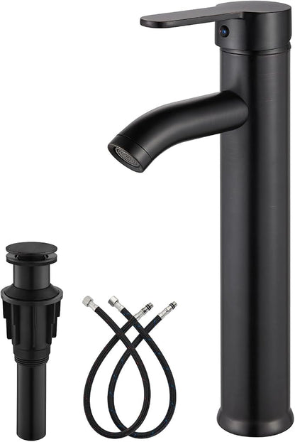 gotonovo Modern Vessel Sink Faucet with ABS Pop Up Drain, Oil Rubbed Bronze | Modern Tall Bathroom Faucet 1 Hole Single Handle Round Body, cUPC Water Supply Hoses, Basin Mixer Tap for Vanity Lavatory Rv