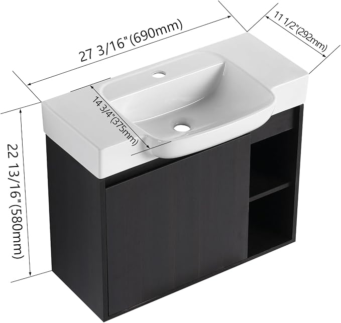 28" Bathroom Vanity with Ceramic Sink, Farmhouse Cabinet, Dark Oak | Ceramic Sink, Soft-Close Door, Interior Compartment and 2-Tier Open Side Shelves, 45° Inclined Edge Handle