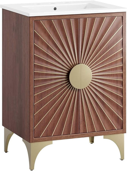 Modway Daylight Bathroom Vanity Cabinet with Ceramic Sink Basin, 24 Inch, White Walnut