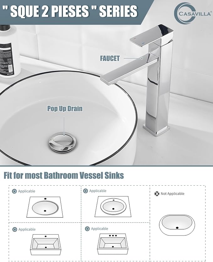 Bathroom Sink Faucet, Single Handle Bathroom Faucets with Pop-up Drain and 2 Supply Hoses, Chrome Single Hole Tall Barrel Vanity Faucet, 304 Stainless Steel