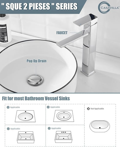 Bathroom Sink Faucet, Single Handle Bathroom Faucets with Pop-up Drain and 2 Supply Hoses, Chrome Single Hole Tall Barrel Vanity Faucet, 304 Stainless Steel
