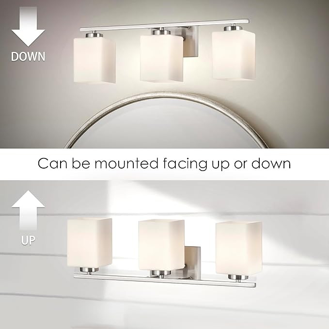 Edvivi Bathroom Light Fixtures, 3-Light Modern Brushed Nickel Vanity Light Over Mirror, Wall Sconces with Square White Glass Shades for Living Room, Bedroom, Hallway, E26 Base