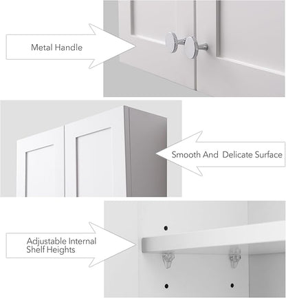 White Wall Mount Cabinet, MDF Over The Toilet Storage Cabinet with Adjustable Shelves, Space Saver 2 Door Medicine Cabinet for Bathroom Laundry Kitchen, 19x 27in, No Paint Odor