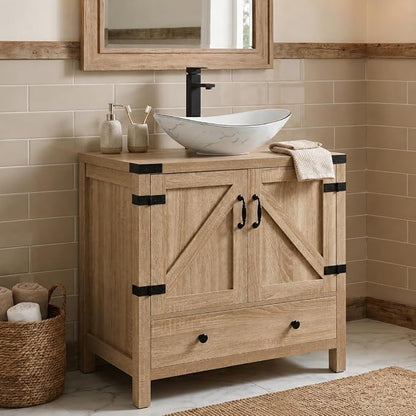 28'' Natural Color Bathroom Vanity, Rustic Fixture Standing Pedestal Cabinet with White Ceramic Boat Sink