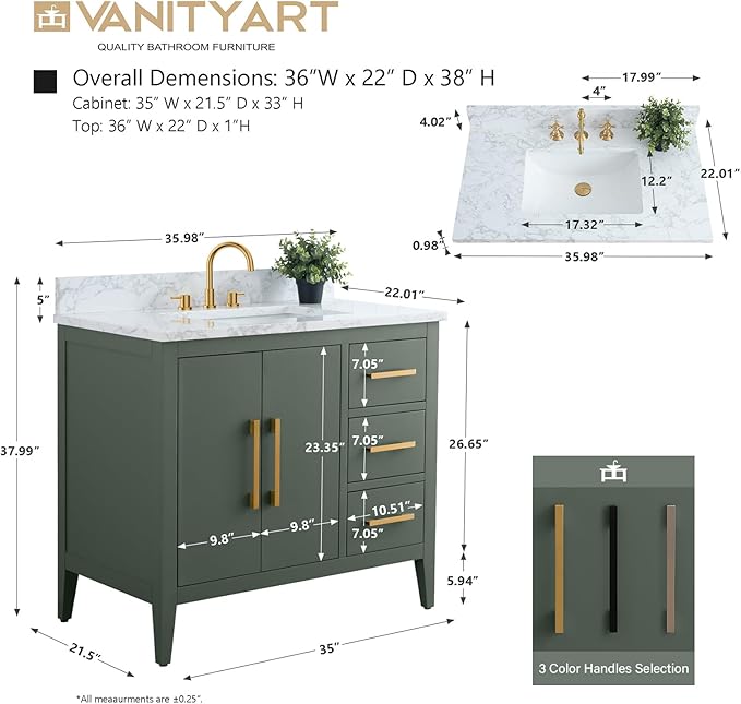 Vanity Art 36 inch Bathroom Vanity with Single Sink & Ceramic Top, Vanity Cabinet with Soft-Closing Doors, Drawers, Solid Wood Frame, Vintage Green, VA9036-VG-GB1