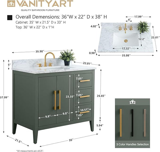 Vanity Art 36 inch Bathroom Vanity with Single Sink & Ceramic Top, Vanity Cabinet with Soft-Closing Doors, Drawers, Solid Wood Frame, Vintage Green, VA9036-VG-GB1