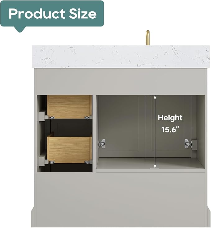 36 Inch Bathroom Vanity with Sink Combo, Solid Wood Frame with Mable Top &Backspalsh, Fully-Assembled with Soft-Closing Doors & 4 Drawers, Greige