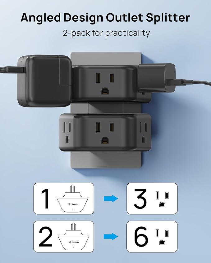 TROND 360 Rotating Plug Outlet Extender for Bathroom Kitchen, 2 Pack | Wall Plug Adapter with 3 Grounded Sockets, No Blocking with 3 Way Angled Design, Small Outlet Splitter for Home Office, Black