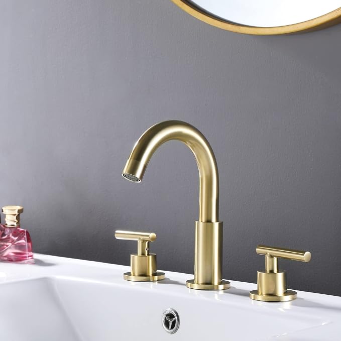 RBROHANT Brushed Gold Widespread Bathroom Faucet 8 Inch Brass Bathroom Faucets for Sink 3 Hole, 2 Handle, 360 Degree Swivel Spout, Deck Mounted, RB0926