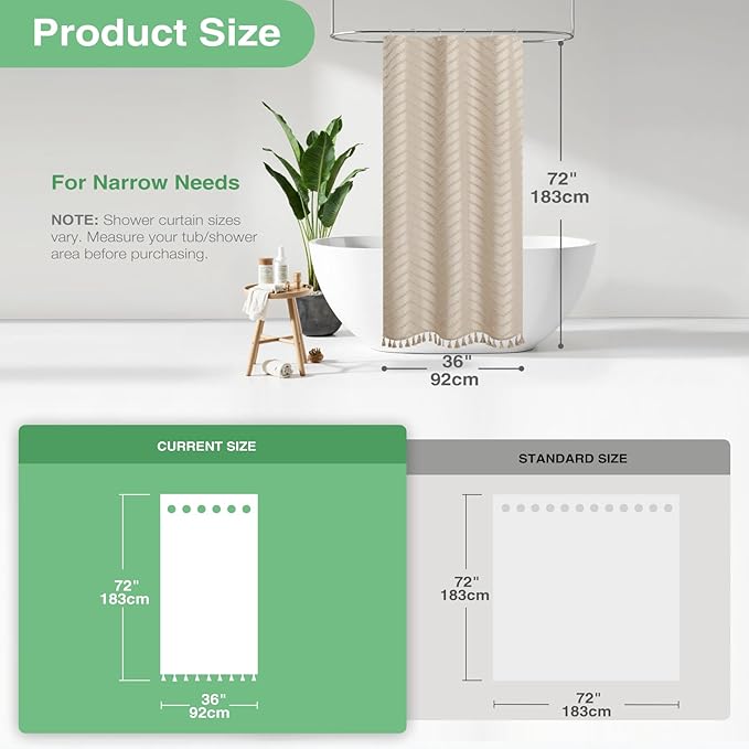 Dynamene Stall Fabric Shower Curtain, 36x72 inch Half Boho Tufted Chevron Striped Small Cloth Shower Curtains for Bathroom, Narrow Thick Waterproof Polyester Shower Curtain Set with 6 Hooks, Beige