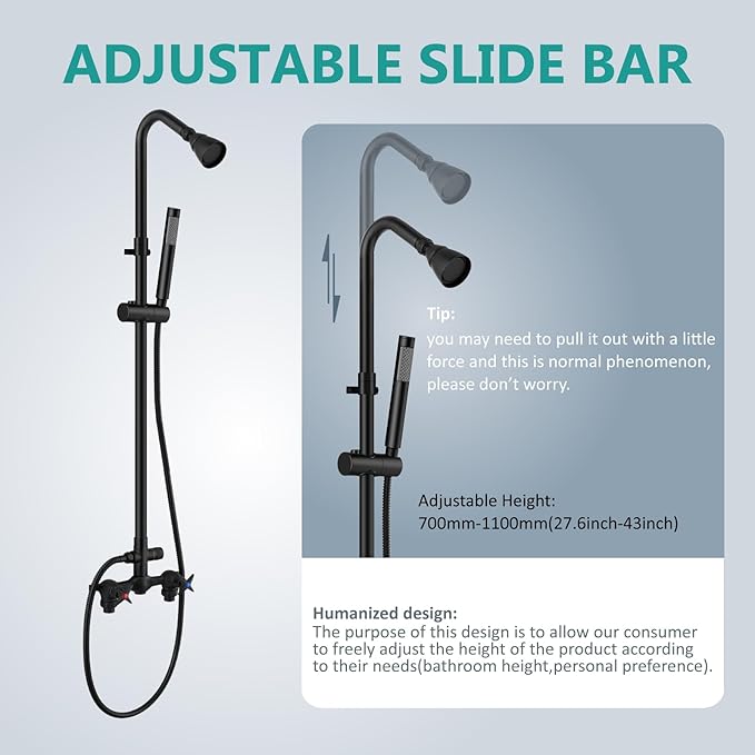 Aolemi Outdoor Shower Kit with Handheld,Round Rain Shower,Matte Black | 2-Handle Hot and Cold Control, Adjustable Height, 6-Inch Center Valve, 59-Inch Hose, Winter Drainage Outdoor Shower Fixtures