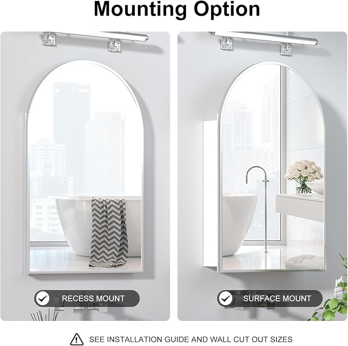 Recessed Medicine Cabinet for Bathroom,Brushed Nickel Arched Medicine Cabinet with Mirror,Arch Mirrored Medicine Cabinets Recessed,Bathroom Mirror with Storage,Open from Left to Right 20x30