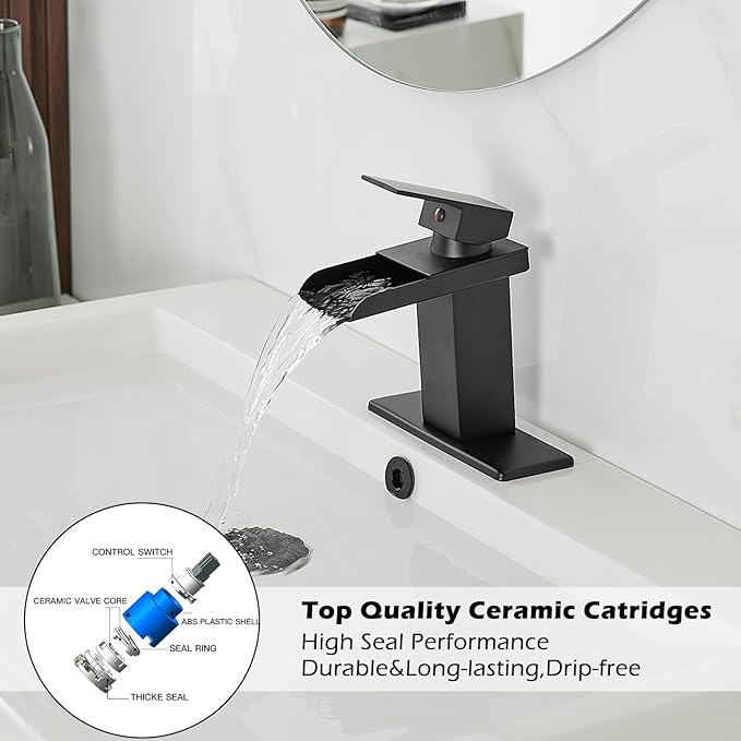 BWE Black Bathroom Faucet Waterfall Single Handle Bathroom Faucet One Hole Bathroom Sink Faucet with Supply Line Lavatory Vanity Mixer Tap Deck Mounted Matte Black