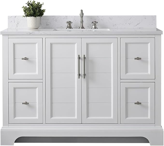 HOMEBEYOND 48 Inch Bathroom Vanity with Single Sink & Ceramic Top, Vanity Cabinet with Center Countertop Basin, Soft-Closing Doors, Backsplash,White