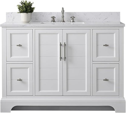 HOMEBEYOND 48 Inch Bathroom Vanity with Single Sink & Ceramic Top, Vanity Cabinet with Center Countertop Basin, Soft-Closing Doors, Backsplash,White