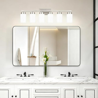 IZORRO Modern Bathroom Light Fixtures, 6 Light Brushed Nickel Vanity Lights, Bathroom Lighting Fixtures Over Mirror with White Glass for Living Room Cabinet Bedroom