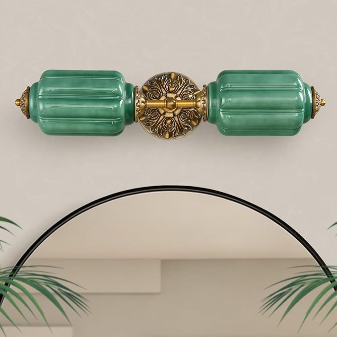 2-Light Vintage Bathroom Light Fixtures, Milk Glass Retro Vanity With Light Green Shade & Gold Carved Metal, Hardwired Antique Wall Sconce For Living Room, Bedroom, Dining Room, Kitchen (Green)