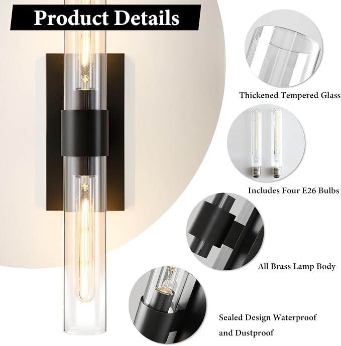 Black Brass Bathroom Wall Sconce: Set of 2 Modern Linear Matte Sconces | Clear Glass Tube Vanity Lights, Vertical or Horizontal Mounted Dimmable Lighting Fixtures for Indoor Living Room Hallway