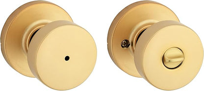 Kwikset Pismo Interior Privacy Door Knob with Lock, Door Handle for Bathroom and Bedroom, Satin Brass, Round, Keyless Turn Lock Doorknob, Microban Protection