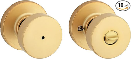 Kwikset Pismo Interior Privacy Door Knob with Lock, Door Handle for Bathroom and Bedroom, Satin Brass, Round, Keyless Turn Lock Doorknob, Microban Protection (Pack of 10)