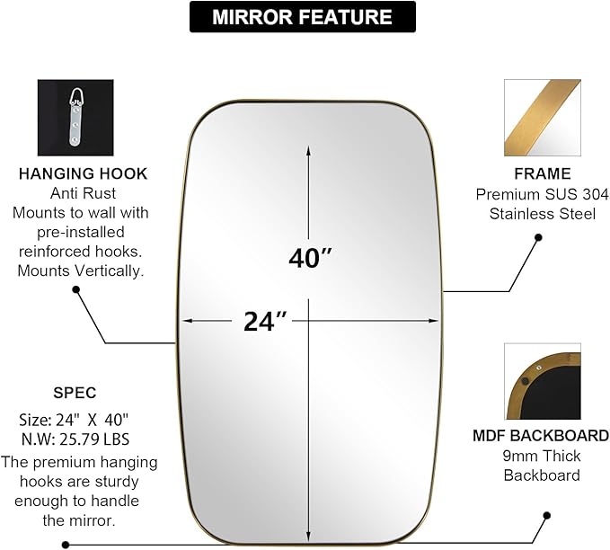 24x40” Gold Bathroom Mirror, Oblong Brass Mirror with Stainless Steel Metal Frame, Brushed Gold Oval Vanity Mirror for Over Sink, Modern Anti Rust Wall Mounted