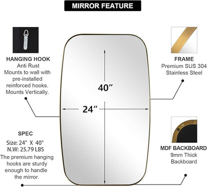 24x40” Gold Bathroom Mirror, Oblong Brass Mirror with Stainless Steel Metal Frame, Brushed Gold Oval Vanity Mirror for Over Sink, Modern Anti Rust Wall Mounted
