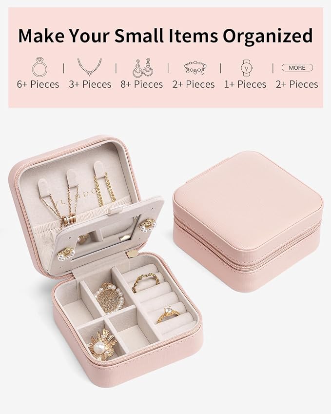 VLANDO Travel Jewelry Box, Small Jewelry Travel Organizer Case for Girls Women - Pink Mirror*6 pack | Necklace Hook for Anti-tangle, Removable Dividers, Waterproof PU Leather,Portable Storage for Rings, Necklace Gifts for Women