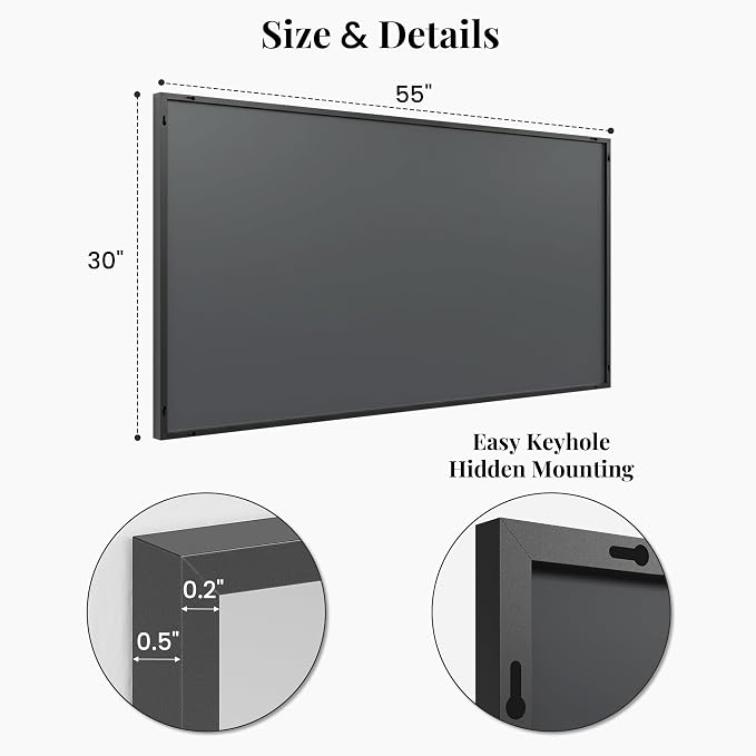 55"x30" Matte Black Wide Bathroom Wall Mirror for Double Vanity | Wide Double Vanity Mirror, Slim Metal Frame, Long Console or Buffet Use, Vertical/Horizontal Mount, Tempered Glass