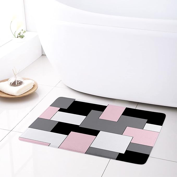 HVEST Pink Abstract Shower Curtain with Bathroom Rugs, Grey Black and White Abstract Geometric Shower Curtain with Bath Mat, Modern Mid Century Minimalist Shower Curtain Set with Hooks, 70x70 inch