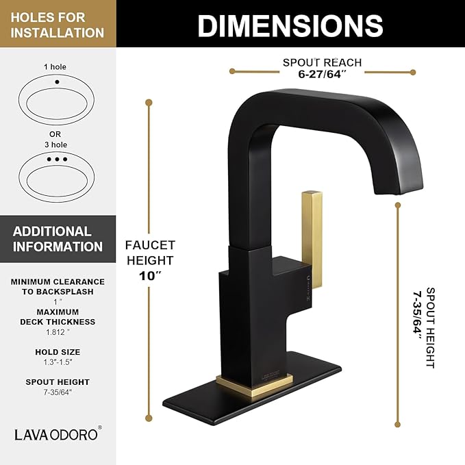 Black and Gold Bathroom Faucet, Lava Odoro Brass Single Hole Bathroom Sink Faucet 1 Handle Swivel Vanity Faucet with Drain Assembly, Solid Brass Vessel Sink Faucet Deck Plate Included, BF204-GB