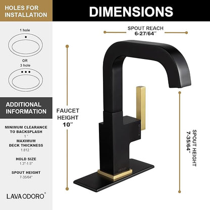 Black and Gold Bathroom Faucet, Lava Odoro Brass Single Hole Bathroom Sink Faucet 1 Handle Swivel Vanity Faucet with Drain Assembly, Solid Brass Vessel Sink Faucet Deck Plate Included, BF204-GB
