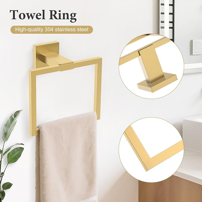 TURS Bathroom Hardware Set Brushed Gold 4-Piece Towel Bar Set Include 24 Inch Towel Bar Towel Ring Towel Hook Toilet Paper Holder with Shelf Wall Mounted.