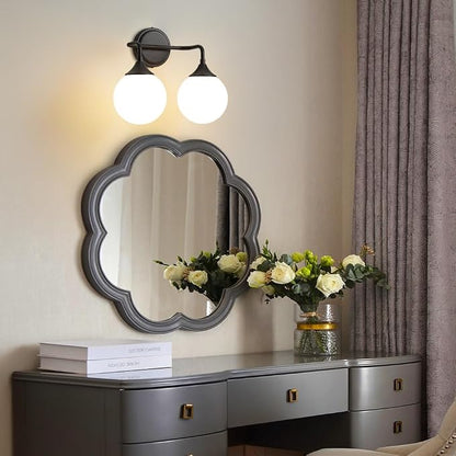Black Bathroom Light Fixtures Over Mirror Vanity 2-Light | Mid Century Modern Matte Black Wall Sconce with Milky White Glass Ball Shades for for Bathroom Dressing Table Bedroom